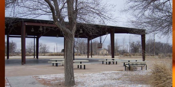 Empty picnic shelter with tables under a gray sky in winter.